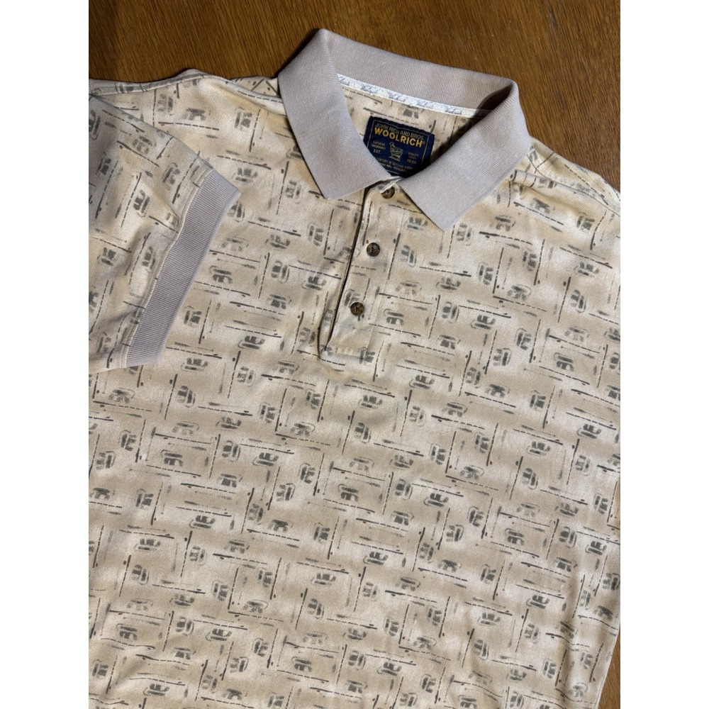 Vintage Woolrich Polo Shirt XL Fly Fishing Creel Rod Print Outdoor Cotton Beige